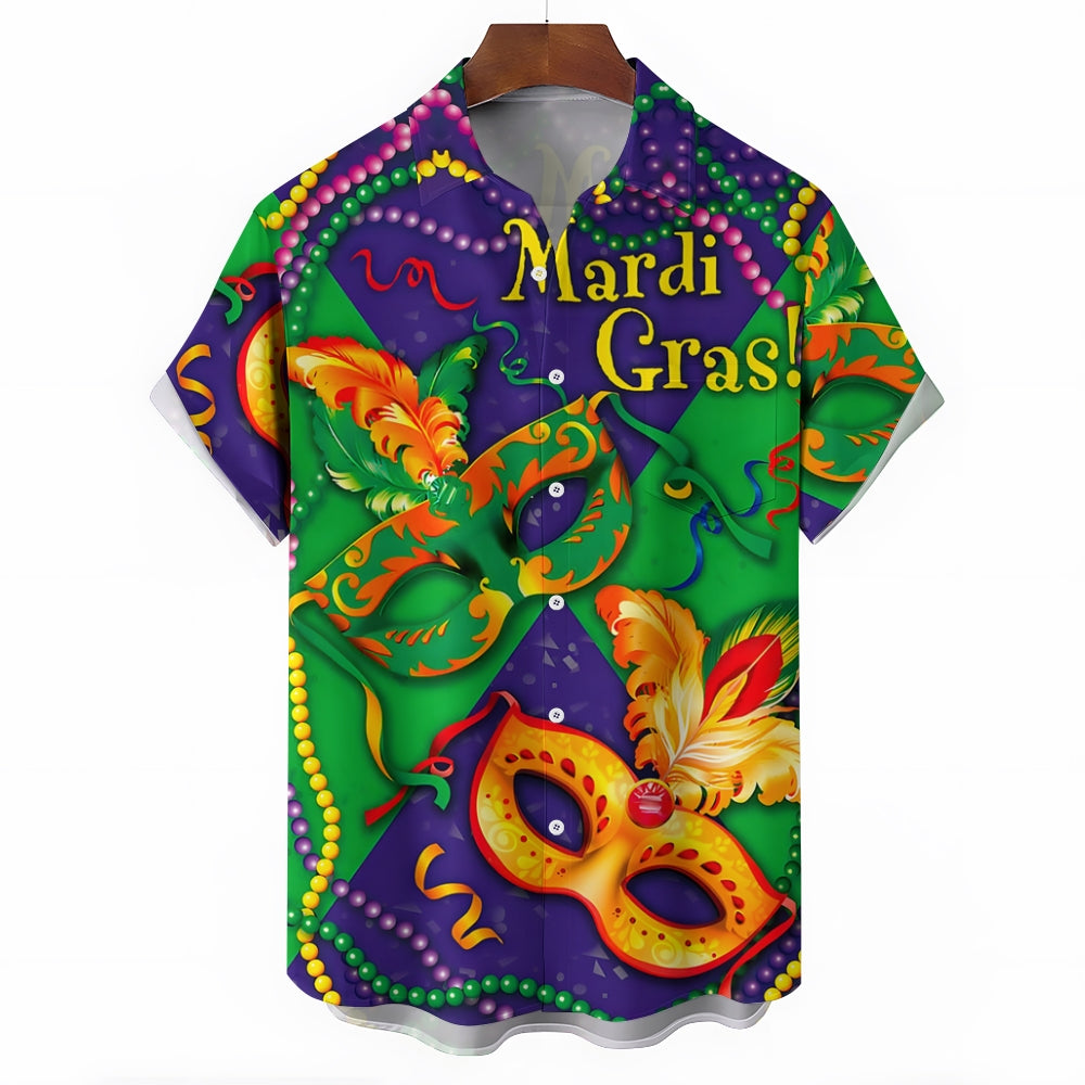 Men's Mardi Gras Mask Print Casual Short Sleeve Shirt 2411012468