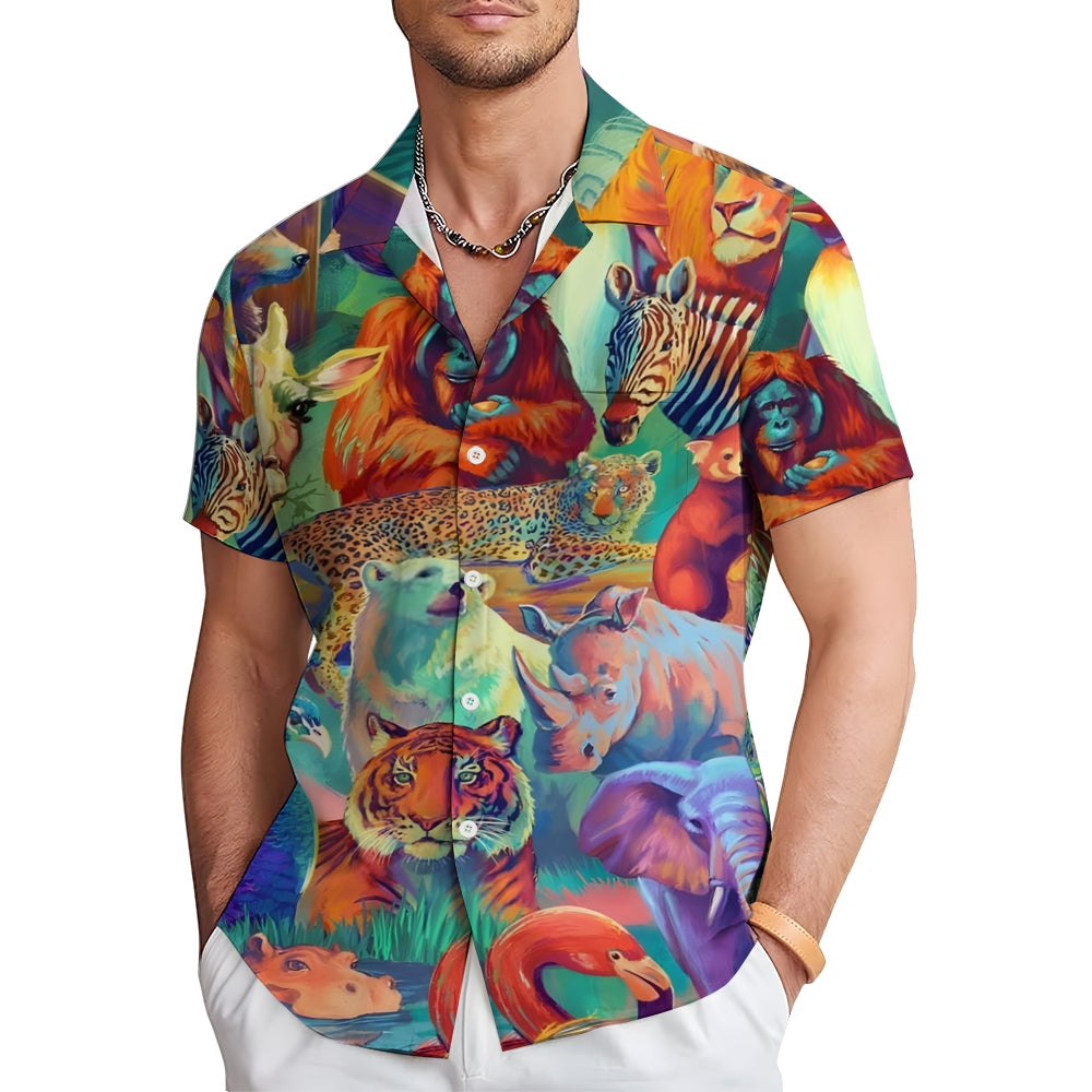 Animal World Print Casual Short Sleeve Shirt 2412004242