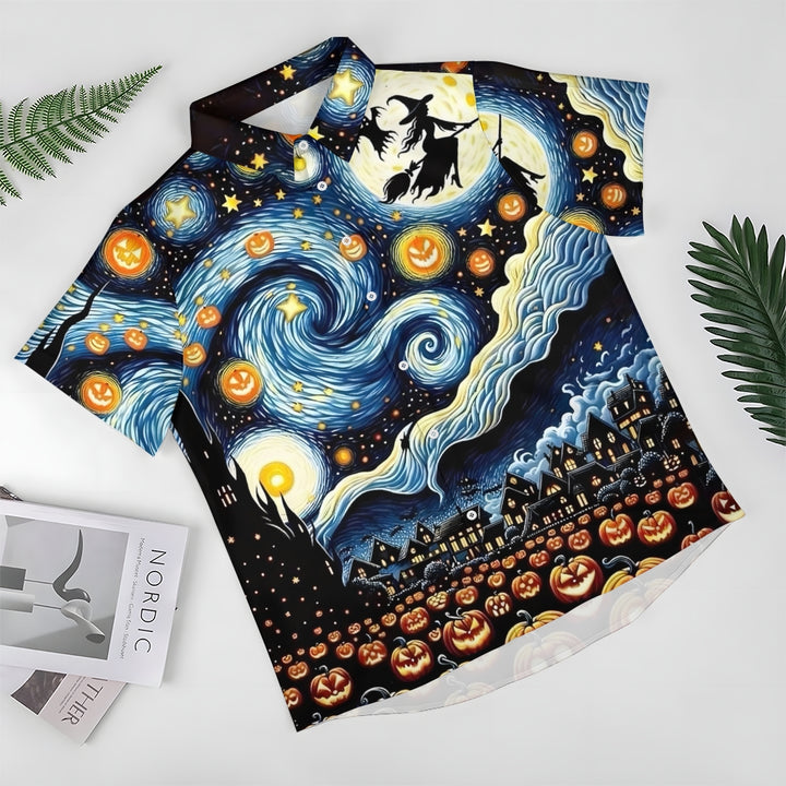 Halloween Flying Witch Starry Sky Art Print Short Sleeve Shirt 2408007014