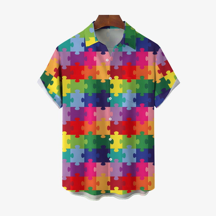 Colorful Puzzle Print Casual Oversized Short-Sleeved Shirt 2407000952
