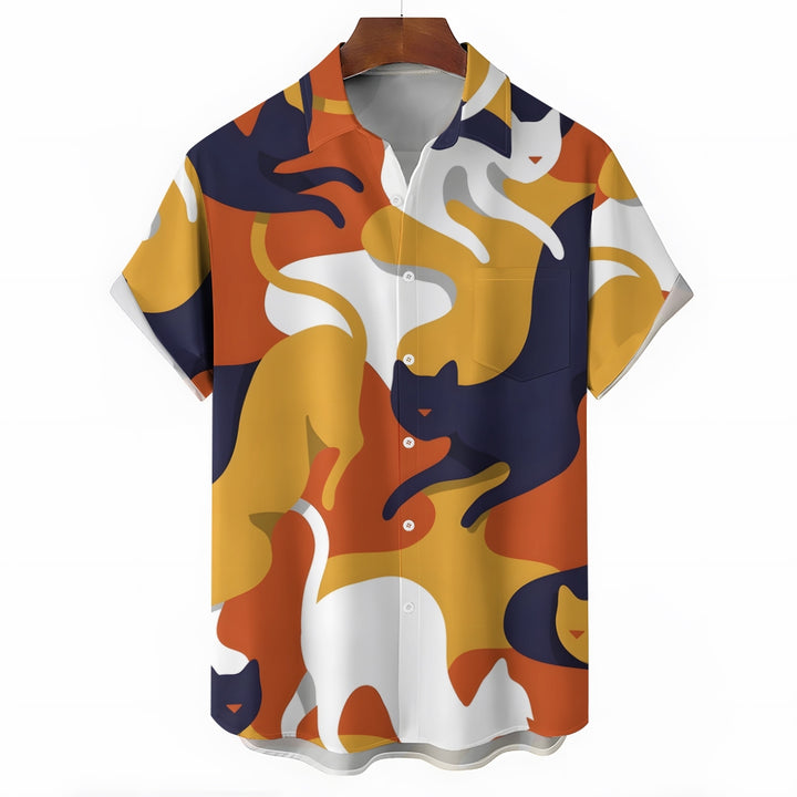 Breast Pocket Abstract Cat Art Casual Short Sleeve Shirt 2402000010