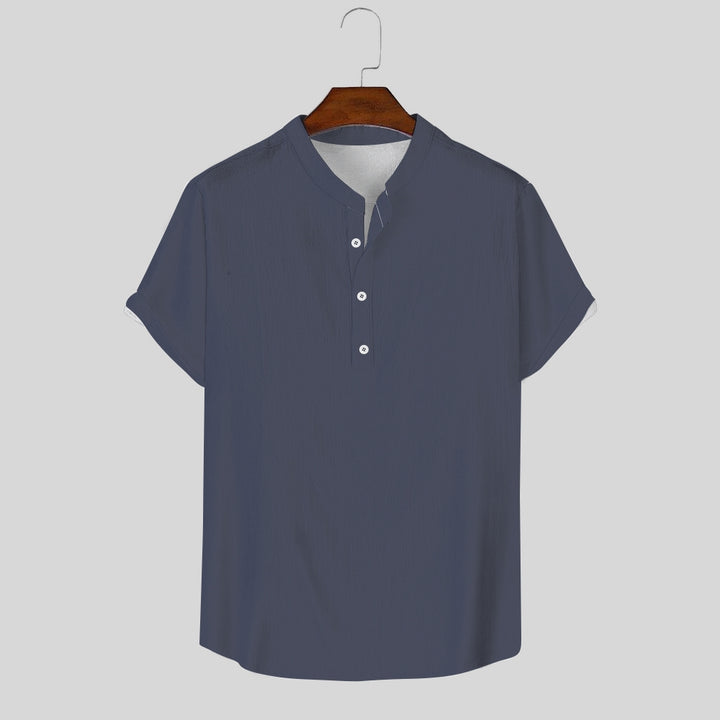 Breathable And Comfortable Cotton And Linen Stand-Up Collar Half-Lapel Short-Sleeved Shirt 2405000991