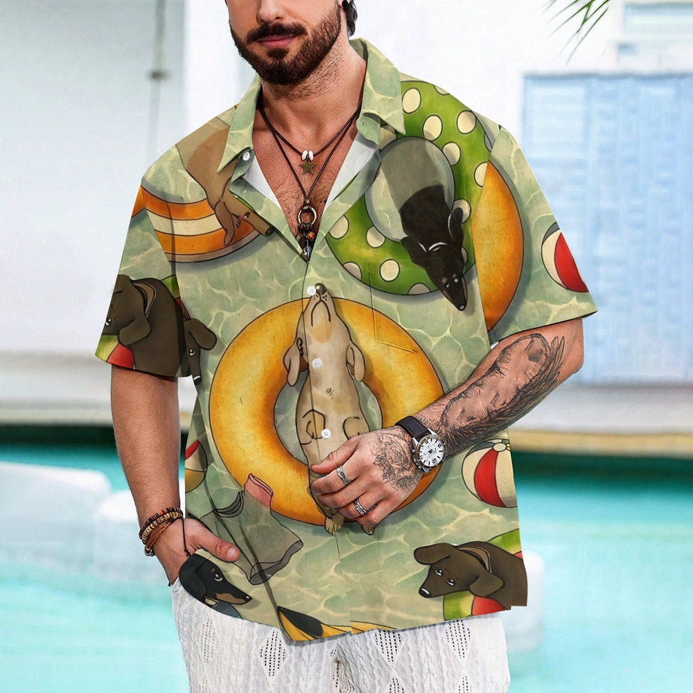 Dachshund Swimming Print Hawaiian Casual Short Sleeve Shirt 2501005326