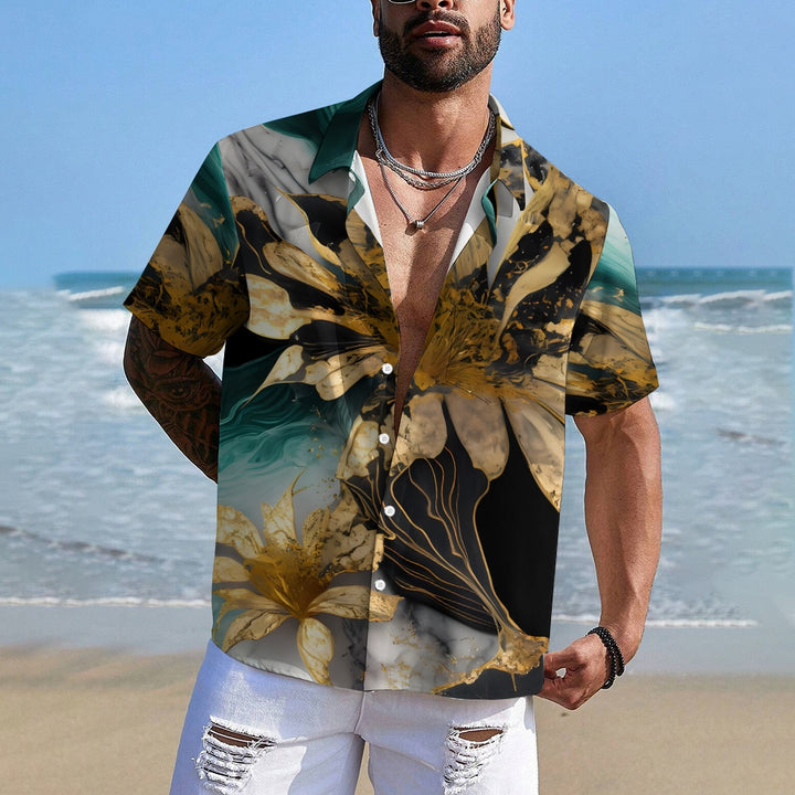Hawaiian Gilded Art Floral Print Men's Button Pocket Short Sleeve Shirt 2405000201