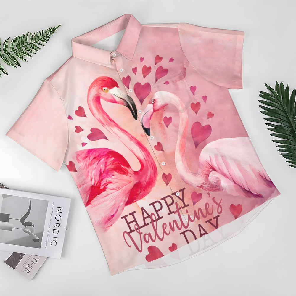Flamingo Happy Valentine's Day Print Short Sleeve Shirt 2411008179