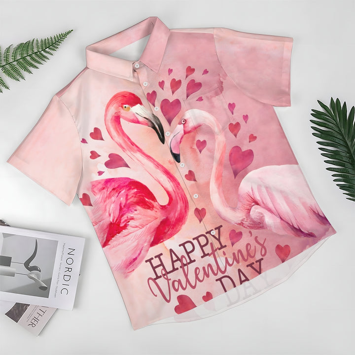 Flamingo Happy Valentine's Day Print Short Sleeve Shirt 2411008179