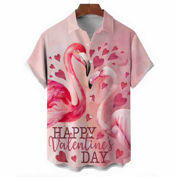Flamingo Happy Valentine's Day Print Short Sleeve Shirt 2411008179