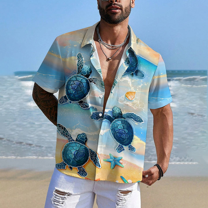 Beach Turtle Art Print Casual Short Sleeve Shirt 2410001356