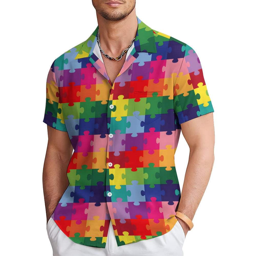 Colorful Puzzle Print Casual Oversized Short-Sleeved Shirt 2407000952