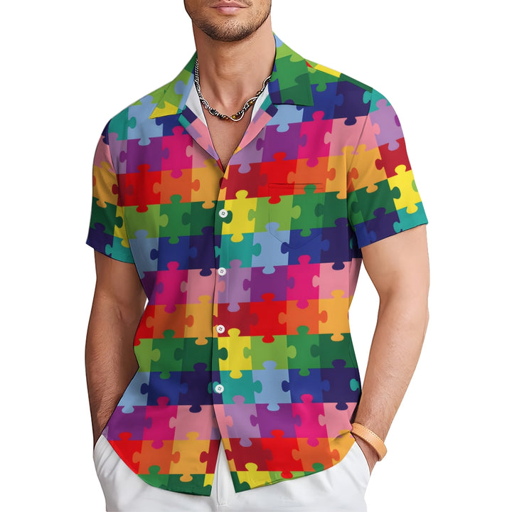 Colorful Puzzle Print Casual Oversized Short-Sleeved Shirt 2407000952