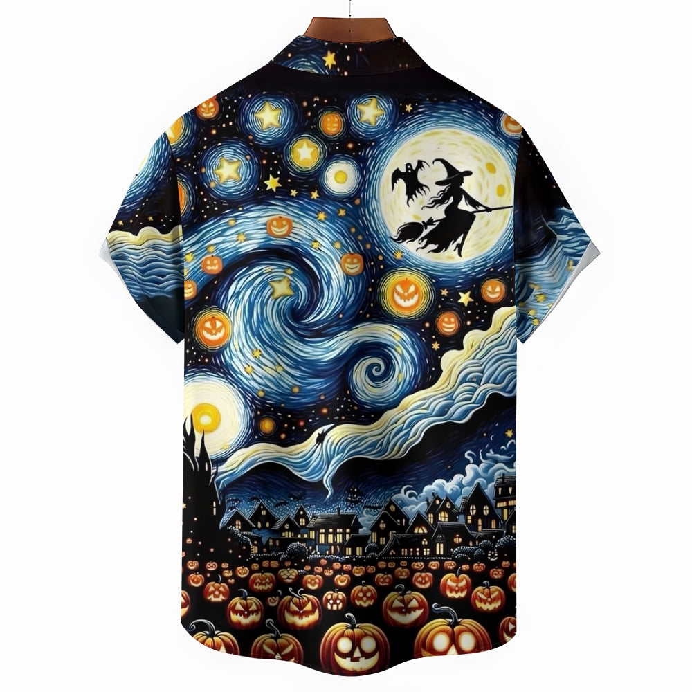 Halloween Flying Witch Starry Sky Art Print Short Sleeve Shirt 2408007014