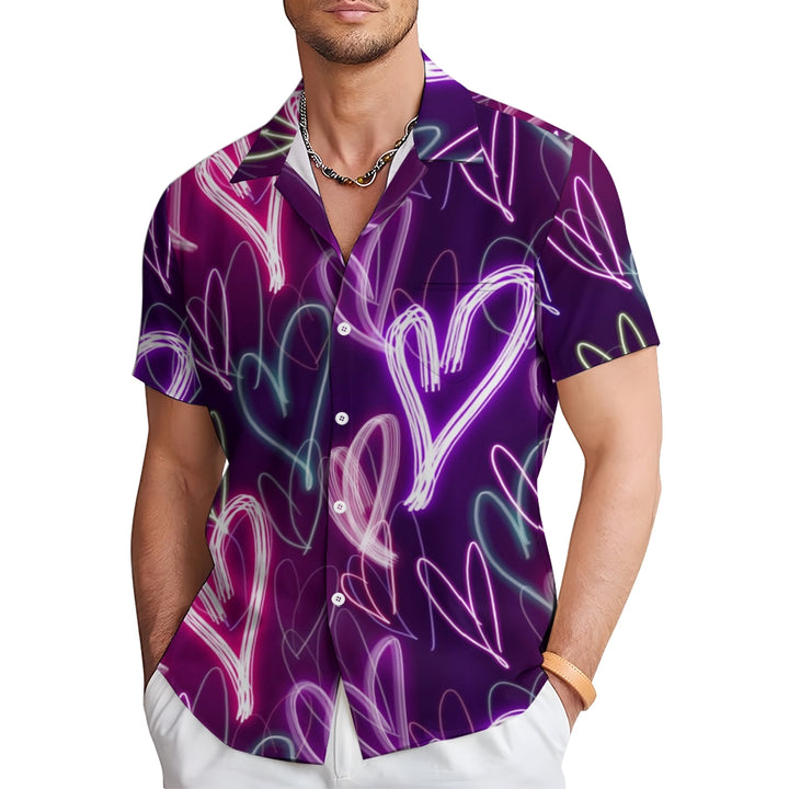 Valentine's Day Neon Heart Print Casual Short Sleeve Shirt 2411012844
