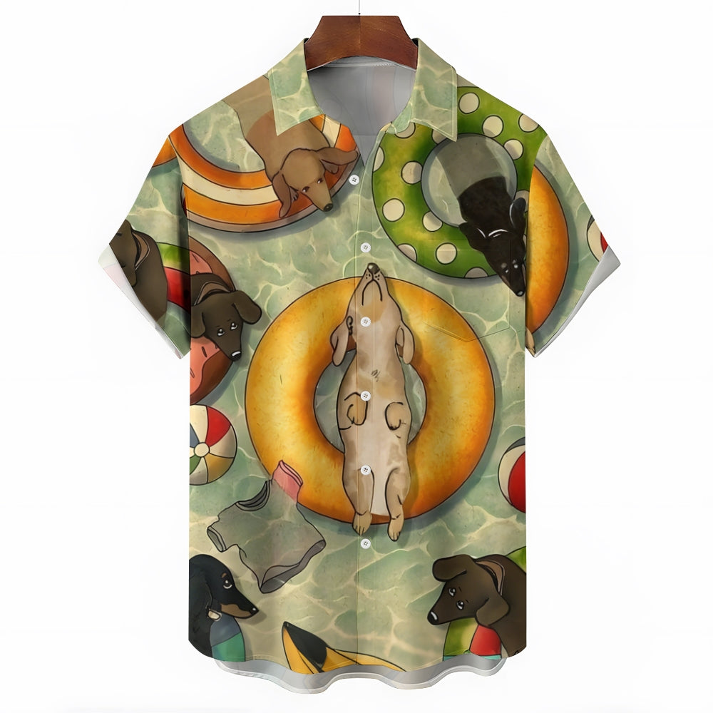 Dachshund Swimming Print Hawaiian Casual Short Sleeve Shirt 2501005326