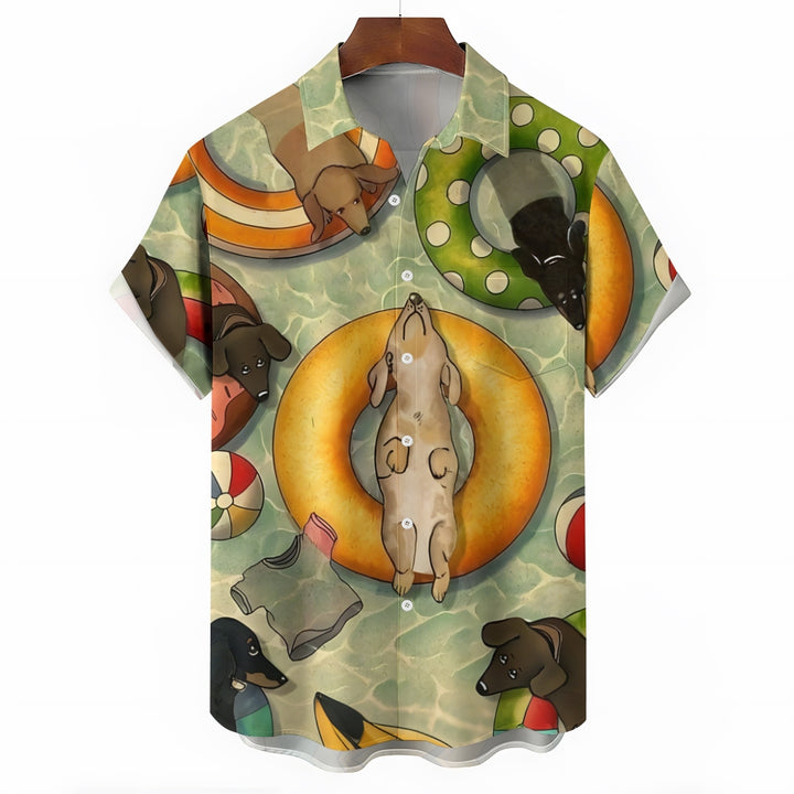 Dachshund Swimming Print Hawaiian Casual Short Sleeve Shirt 2501005326
