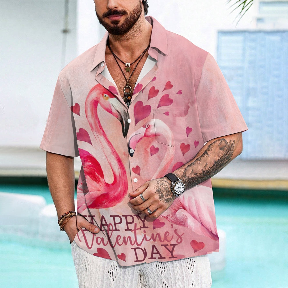 Flamingo Happy Valentine's Day Print Short Sleeve Shirt 2411008179
