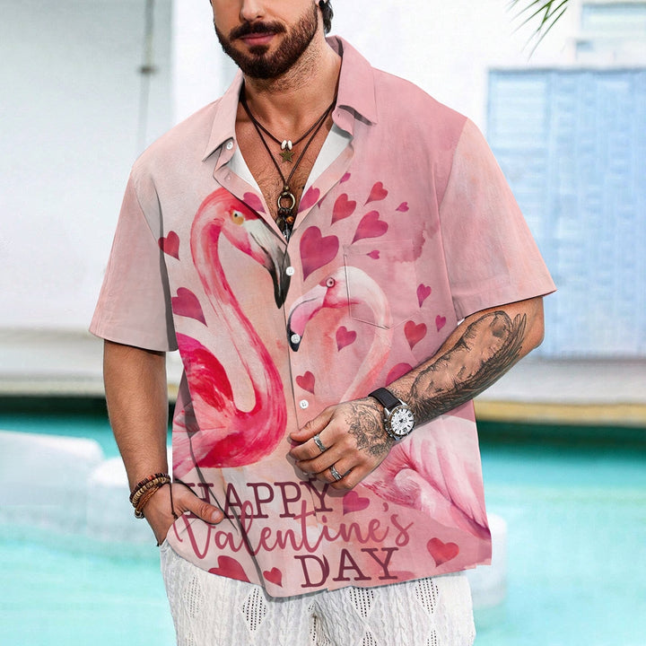 Flamingo Happy Valentine's Day Print Short Sleeve Shirt 2411008179