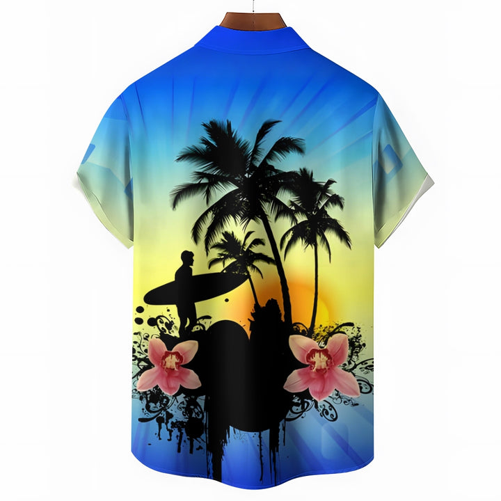 Surfing Boy Silhouette Gradient Print Casual Short Sleeve Shirt 2501002557