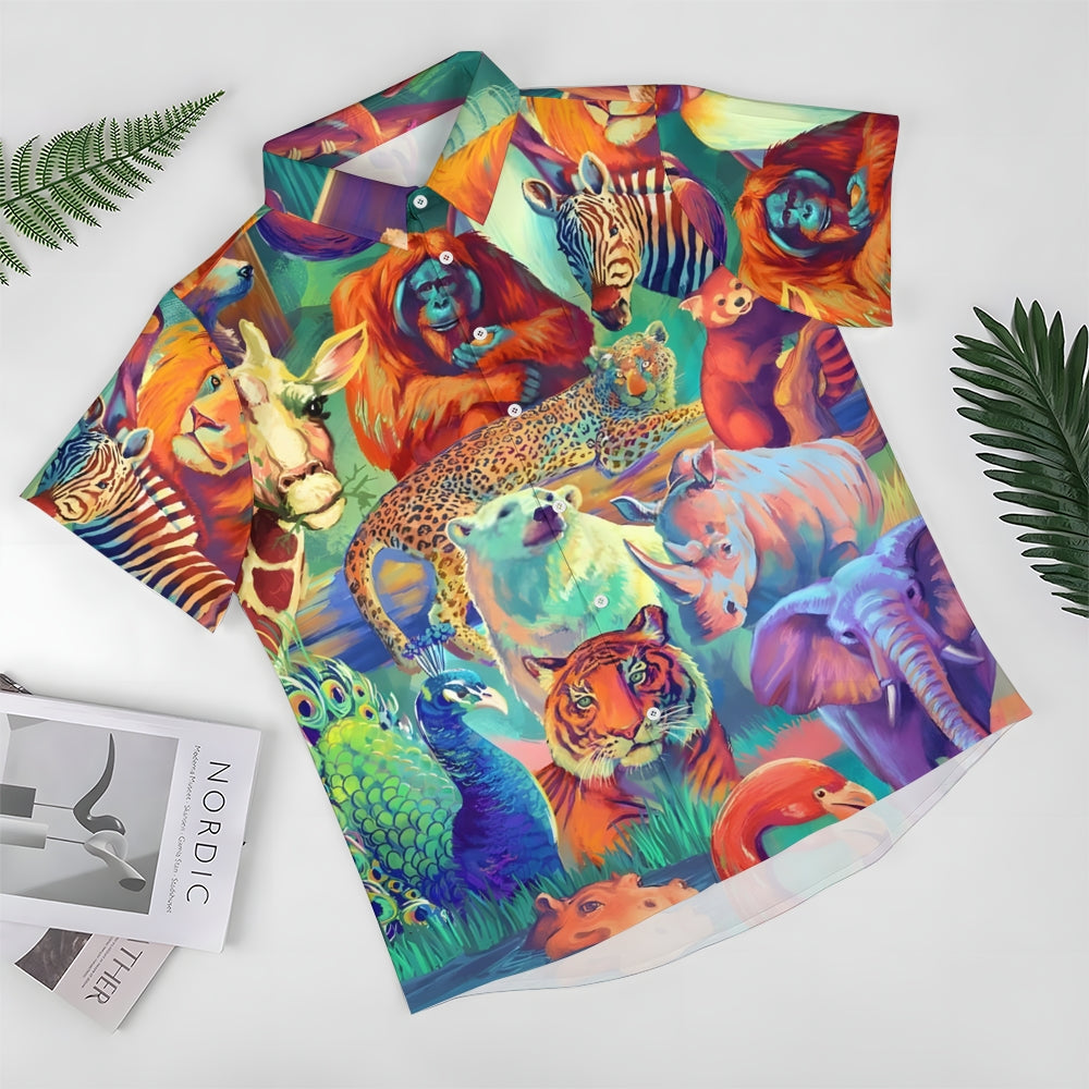 Animal World Print Casual Short Sleeve Shirt 2412004242