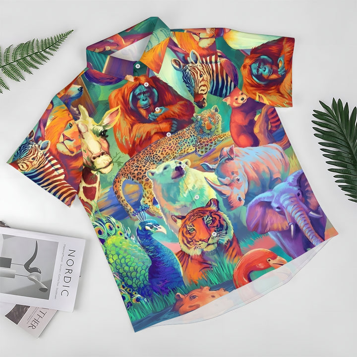 Animal World Print Casual Short Sleeve Shirt 2412004242