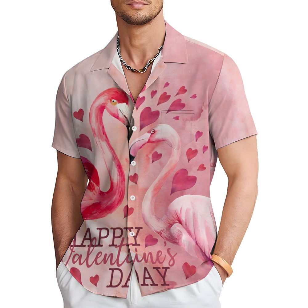 Flamingo Happy Valentine's Day Print Short Sleeve Shirt 2411008179