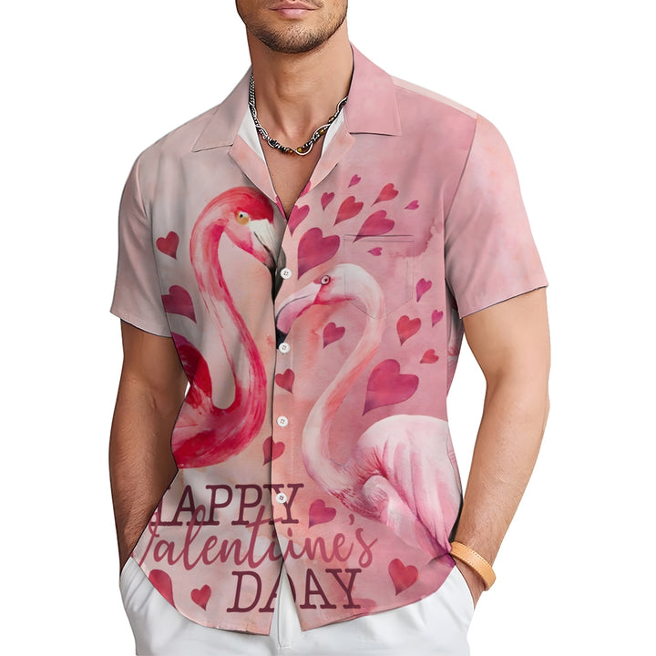 Flamingo Happy Valentine's Day Print Short Sleeve Shirt 2411008179