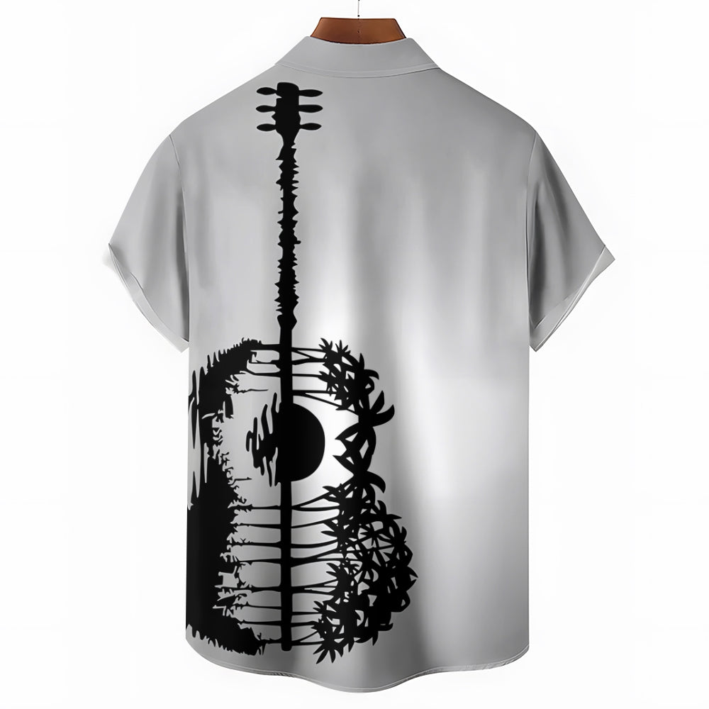 Hawaiian Guitar Silhouette Art Print Casual Short Sleeve Shirt 2501005329