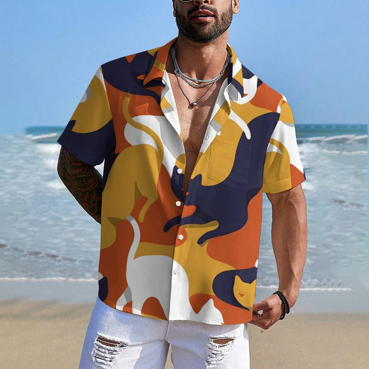 Breast Pocket Abstract Cat Art Casual Short Sleeve Shirt 2402000010