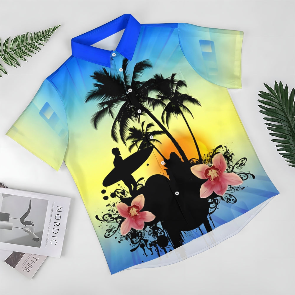 Surfing Boy Silhouette Gradient Print Casual Short Sleeve Shirt 2501002557