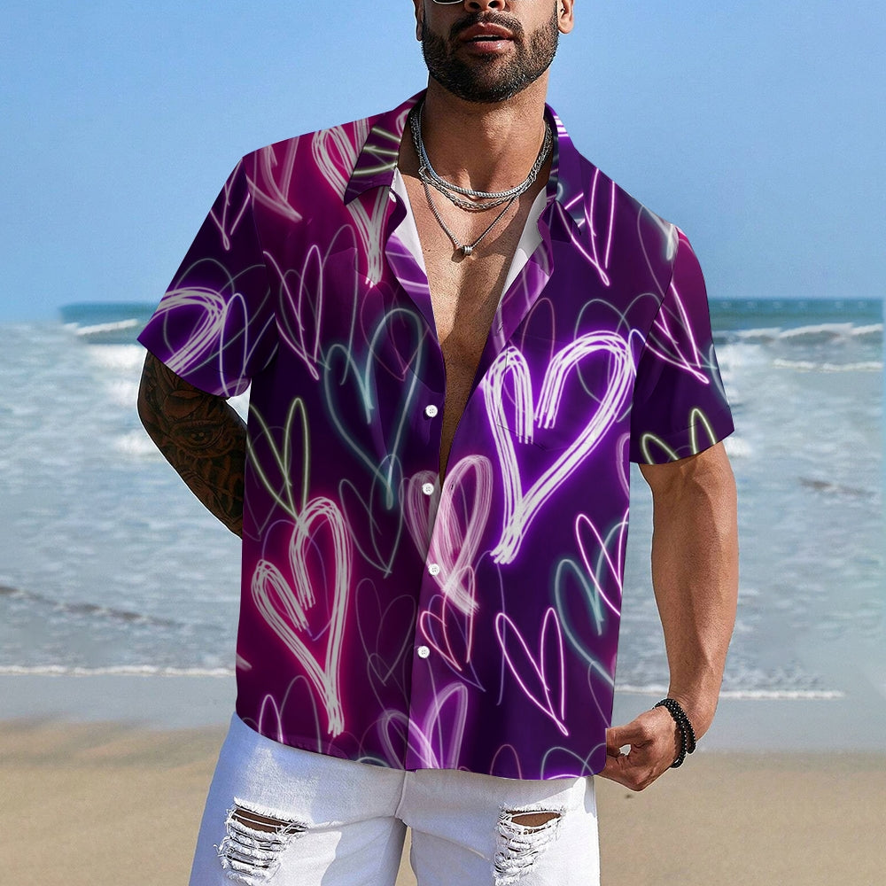 Valentine's Day Neon Heart Print Casual Short Sleeve Shirt 2411012844