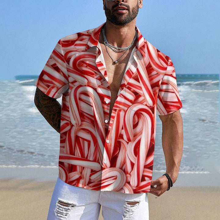 Christmas Candy Cane Casual Short Sleeve Shirt 2409006136