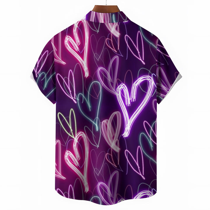 Valentine's Day Neon Heart Print Casual Short Sleeve Shirt 2411012844