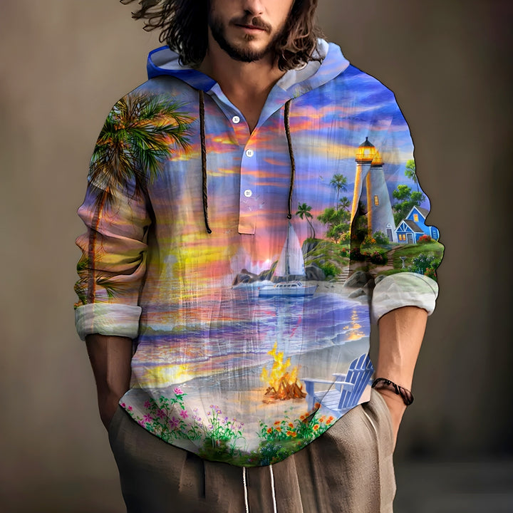 Beach Lighthouse Landscape Print Hooded Half-Sleeve Shirt 2408002129