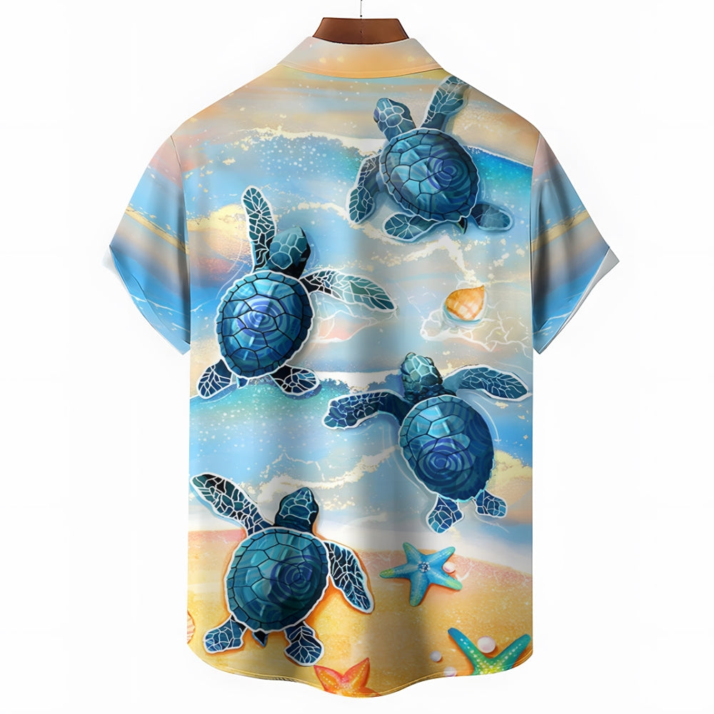 Beach Turtle Art Print Casual Short Sleeve Shirt 2410001356