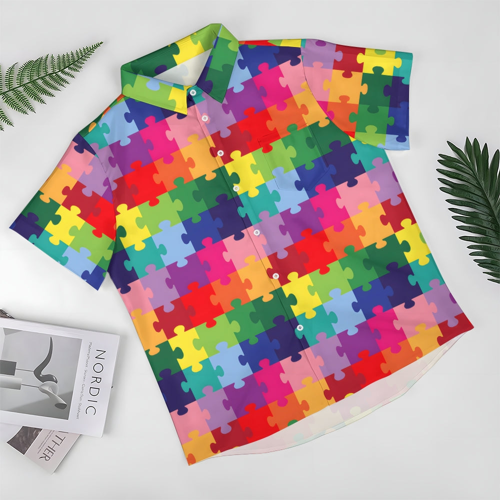 Colorful Puzzle Print Casual Oversized Short-Sleeved Shirt 2407000952