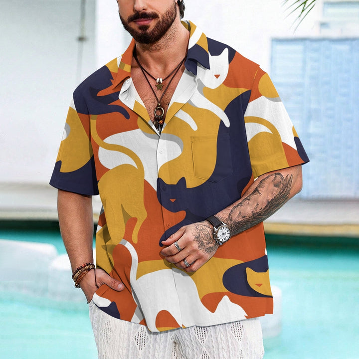 Breast Pocket Abstract Cat Art Casual Short Sleeve Shirt 2402000010