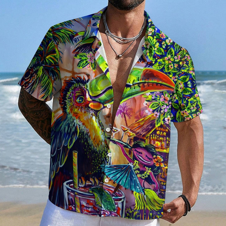 Toucan TIKI Art Printed Casual Large Size Short Sleeve Shirt 2407000601