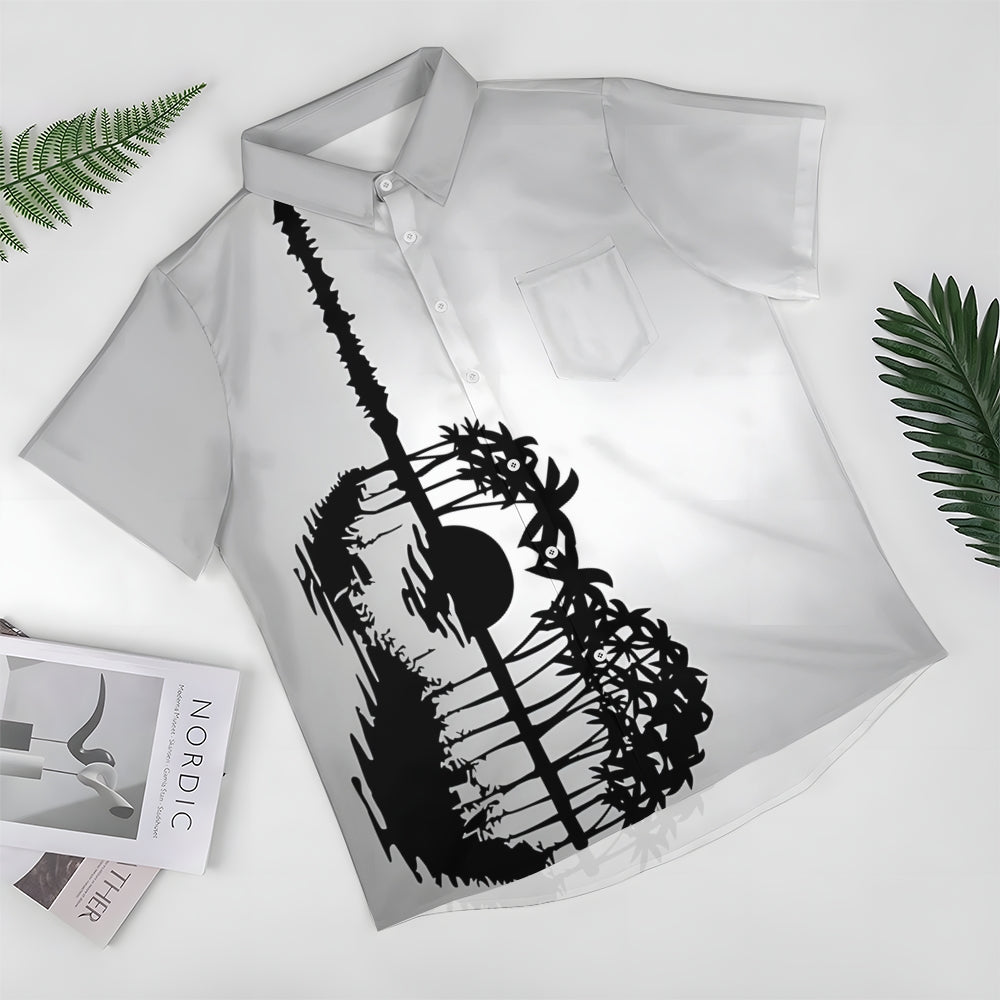 Hawaiian Guitar Silhouette Art Print Casual Short Sleeve Shirt 2501005329