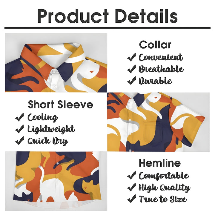 Breast Pocket Abstract Cat Art Casual Short Sleeve Shirt 2402000010