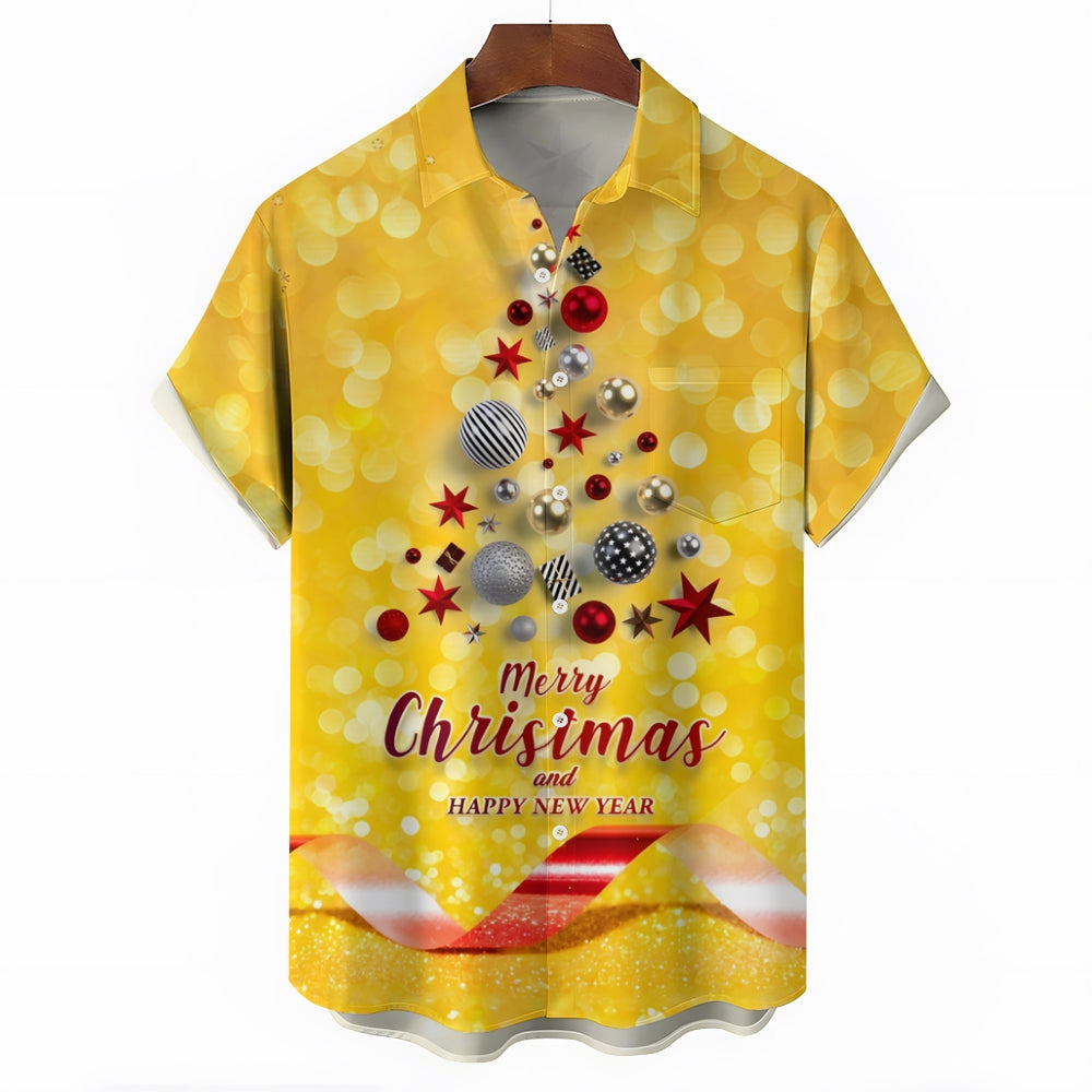 Merry Christmas Balls Christmas Tree Print Short Sleeve Shirt 2411013446