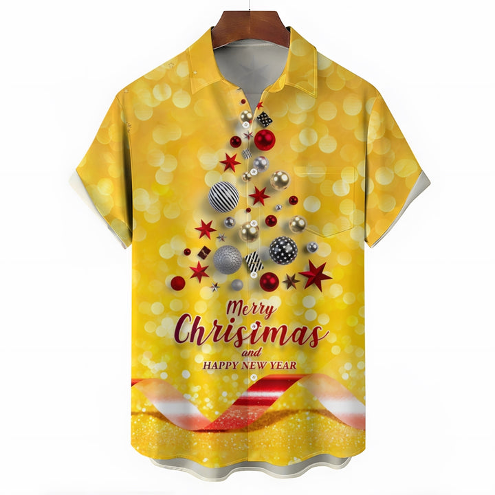 Merry Christmas Balls Christmas Tree Print Short Sleeve Shirt 2411013446