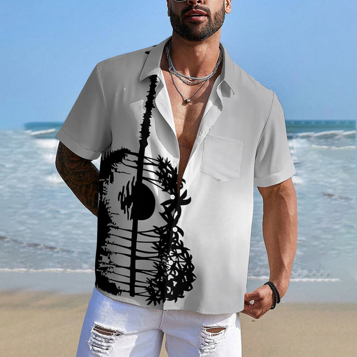 Hawaiian Guitar Silhouette Art Print Casual Short Sleeve Shirt 2501005329