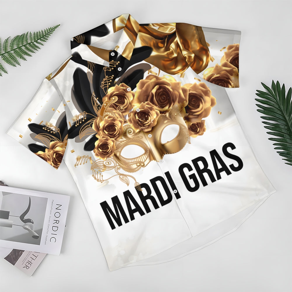 Mardi Gras Mask Art Print Casual Short Sleeve Shirt 2411013432