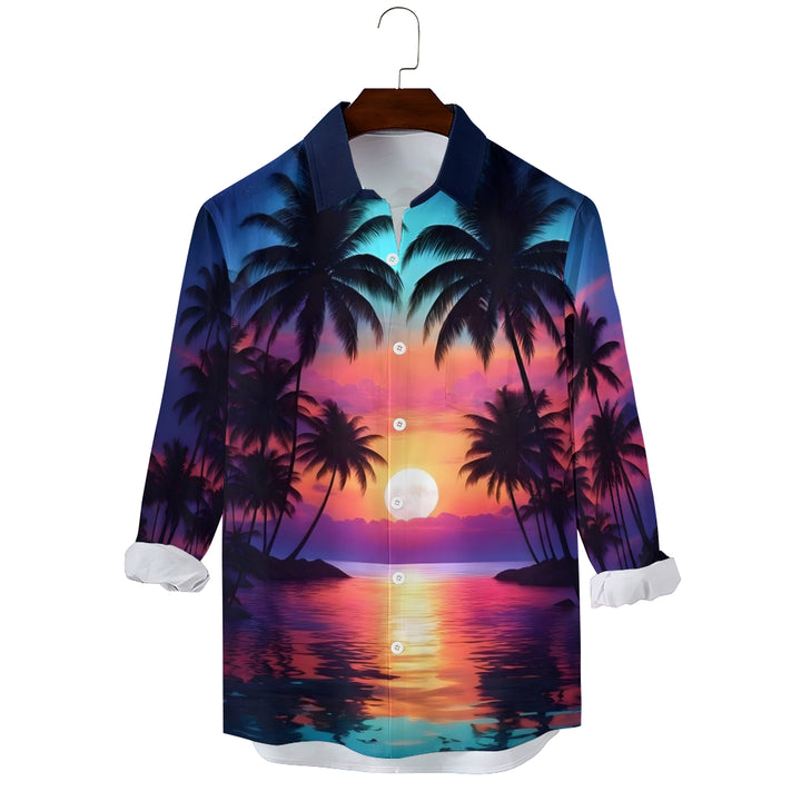 Beach Coconut Tree Sunset Gradient Hawaiian Long Sleeve Shirt 2501001611