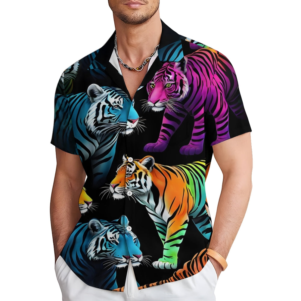 Men's Fashion Colorful Tiger Print Short Sleeve Shirt 2501002158