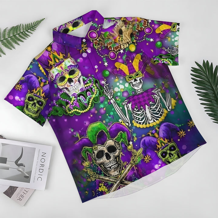 Mardi Gras Skull Art Print Casual Short Sleeve Shirt 2412005987