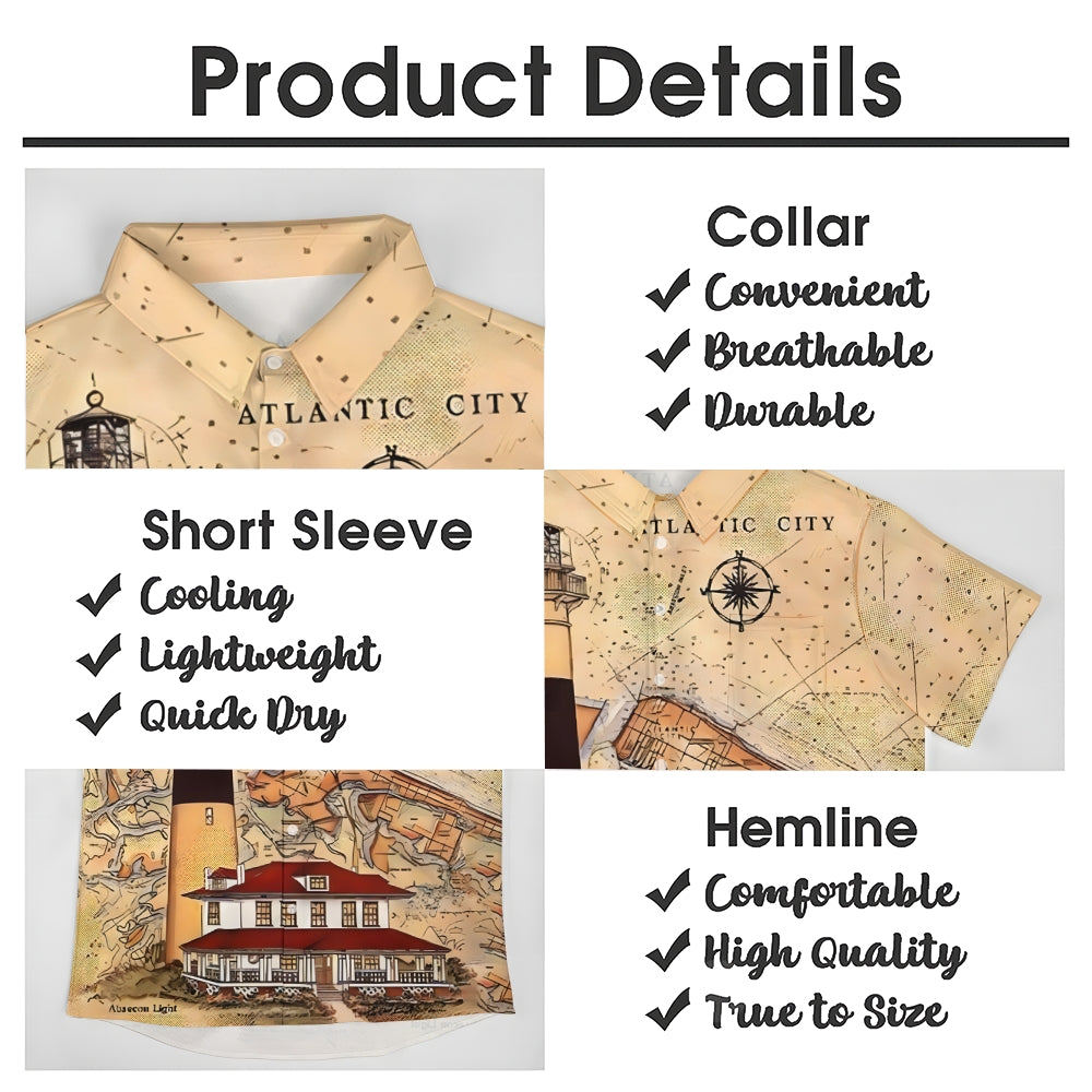 Nautical Lighthouse Print Chest Pocket Short Sleeve Shirt 2411005869