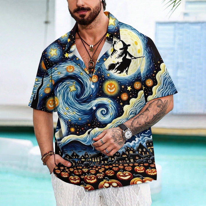 Halloween Flying Witch Starry Sky Art Print Short Sleeve Shirt 2408007014