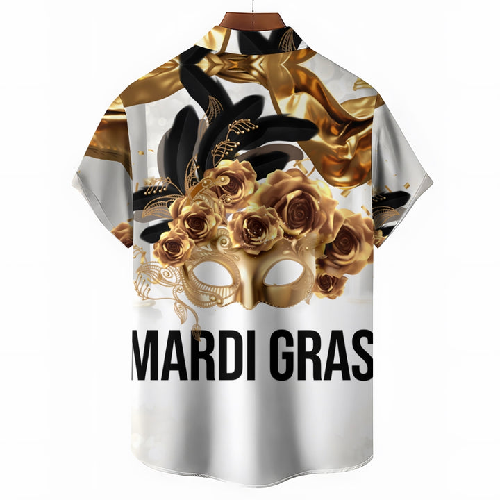 Mardi Gras Mask Art Print Casual Short Sleeve Shirt 2411013432