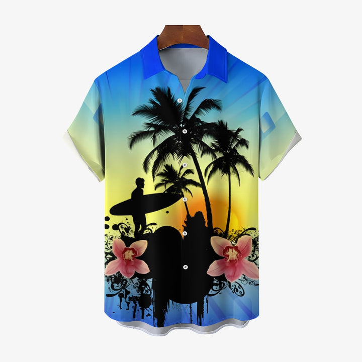 Surfing Boy Silhouette Gradient Print Casual Short Sleeve Shirt 2501002557