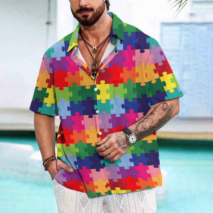 Colorful Puzzle Print Casual Oversized Short-Sleeved Shirt 2407000952